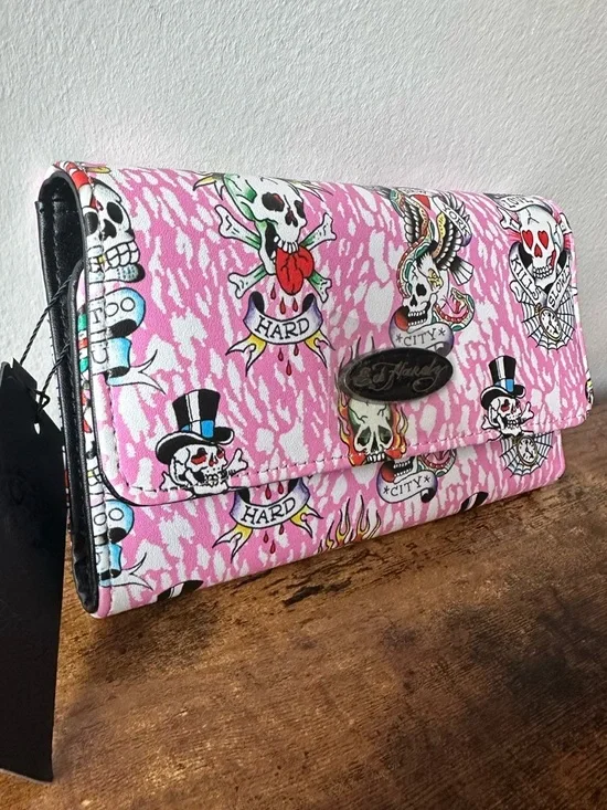 Ed Hardy Pink Tattoo-Inspired Skeleton Women’s Long Wallet Fold Out NWT - Picture 3 of 5